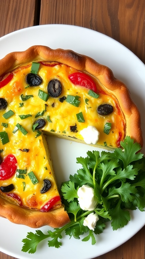 A slice of quiche on a white plate garnished with herbs and a side salad.